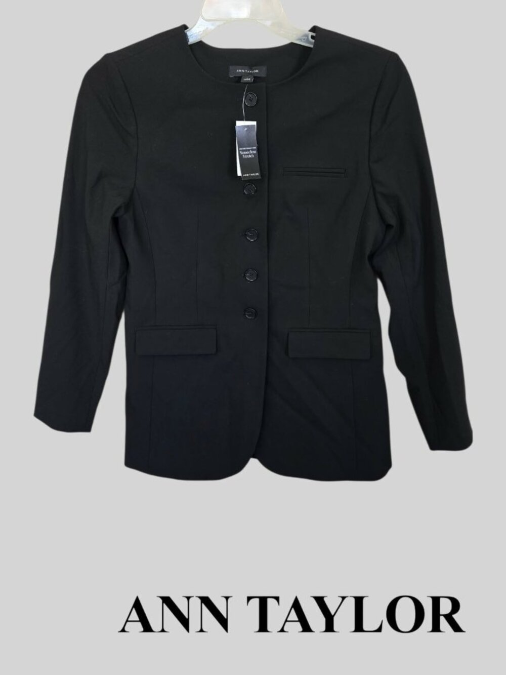 Ann Taylor Black Collarless Button Front Blazer Jacket Womens  4 NEW